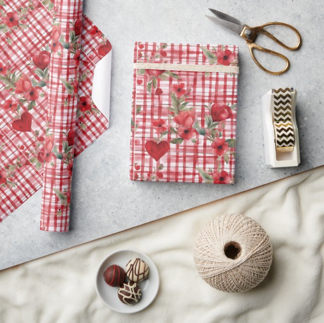 Papel De Regalo Patrón floral rojo Tartán moderno (Artesanía)