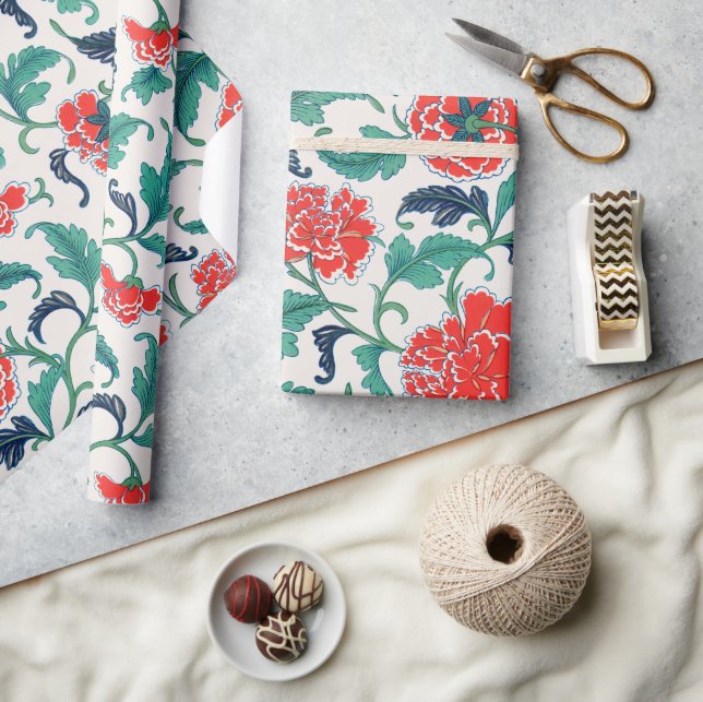 Papel De Regalo Patrón floral rojo y verde (Artesanía)