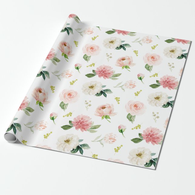 Papel De Regalo Patrón Floral Rosa Acuarela Femenina (Desenrollado)