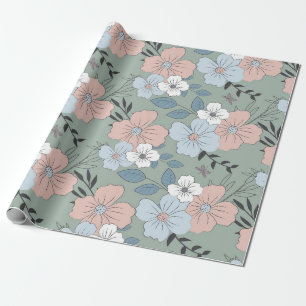Papel De Regalo Patrón floral rosa, azul y verde vintage