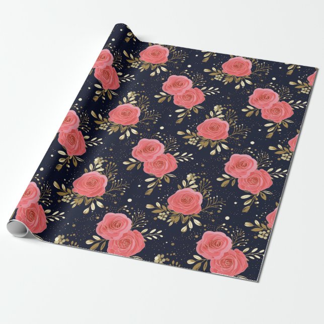 Papel De Regalo Patrón floral Rosa con mano dorada, marina y rosa (Desenrollado)