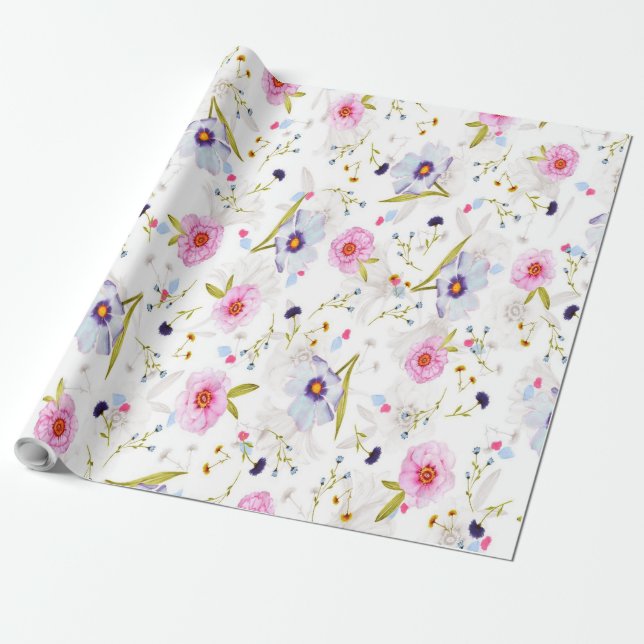 Papel De Regalo Patrón floral rosa y azul (Desenrollado)