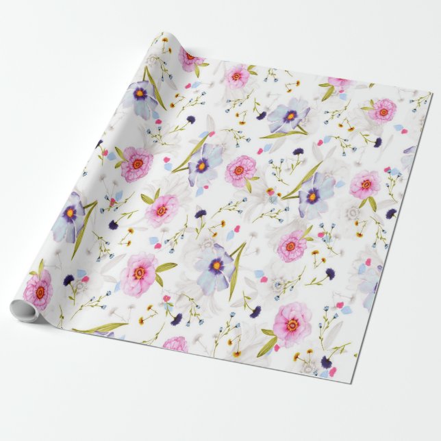 Papel De Regalo Patrón floral rosa y azul (Desenrollado)