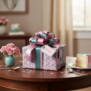 Papel De Regalo Patrón floral rosa y verde acuarela