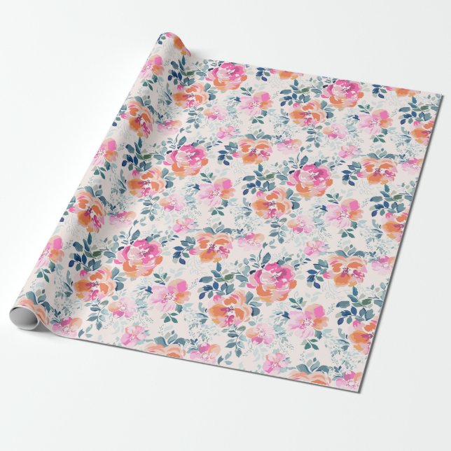 Papel De Regalo Patrón floral rosa y Verde azulado (Desenrollado)