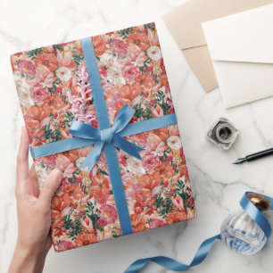 Papel De Regalo Patrón floral rosado naranja