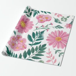 Papel De Regalo Patrón floral rosado vibrante con vegetación exube