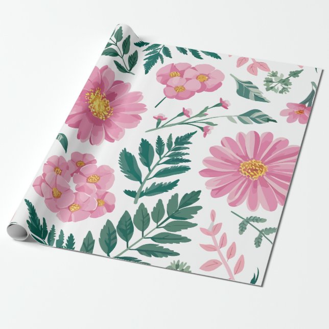 Papel De Regalo Patrón floral rosado vibrante con vegetación exube (Desenrollado)