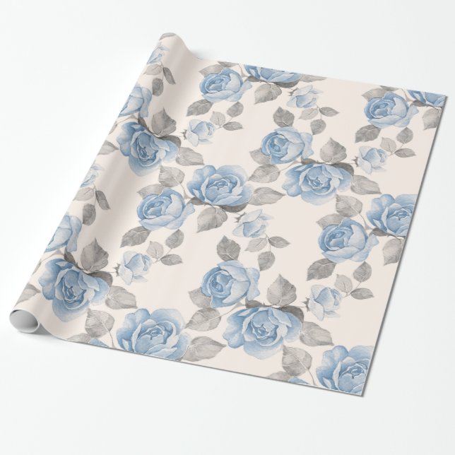 Papel De Regalo Patrón floral. Rosas azules de época (Desenrollado)