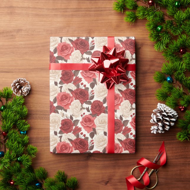 Papel De Regalo Patrón Floral Rosas Rojo Y Blanco (Regalo de vacaciones)