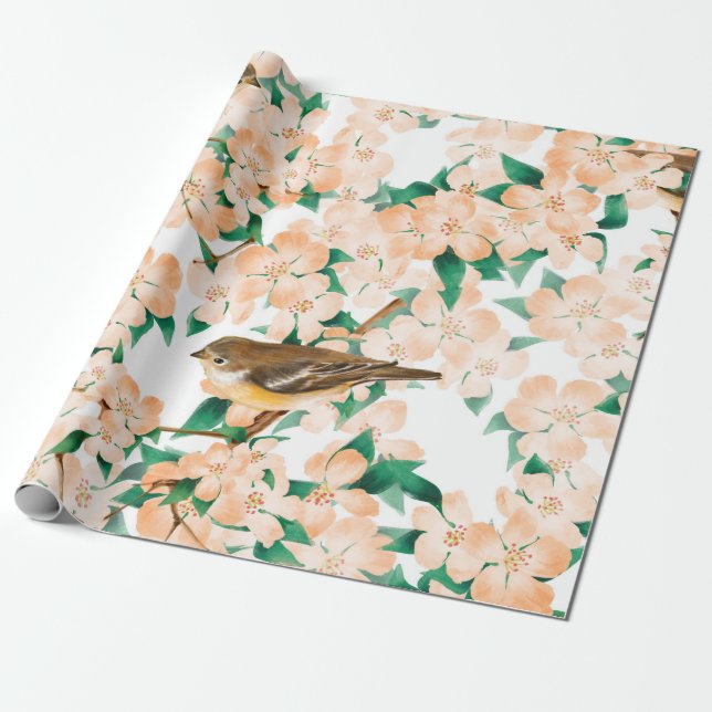 Papel De Regalo Patrón floral sin foco con aves (Desenrollado)