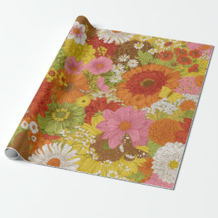 Papel De Regalo Patrón floral sin foco de los años 70. Flores y bu