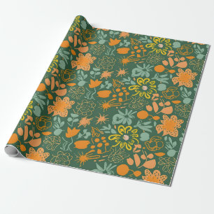 Papel De Regalo Patrón floral sobre fondo verde oscuro