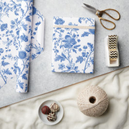 Papel De Regalo Patrón Floral Toile Vintage Blanco Azul