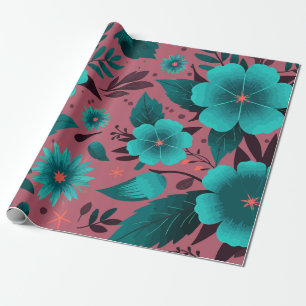 Papel De Regalo Patrón floral verde azulado sobre fondo marrón
