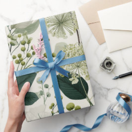 Papel De Regalo Patrón floral verde botánico crema