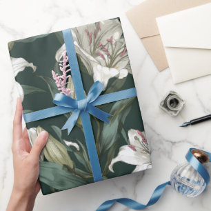 Papel De Regalo Patrón floral verde de lirio blanco clásico