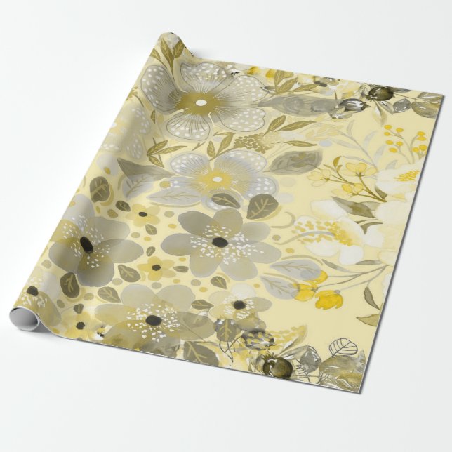 Papel De Regalo Patrón floral verde y amarillo (Desenrollado)