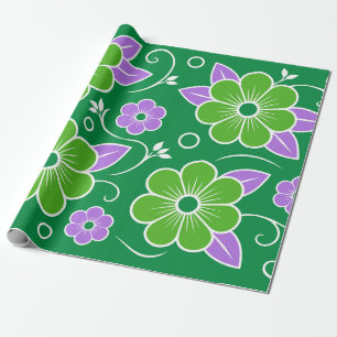 Papel De Regalo Patrón floral verde y púrpura decorativo