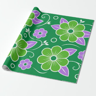 Papel De Regalo Patrón floral verde y púrpura decorativo
