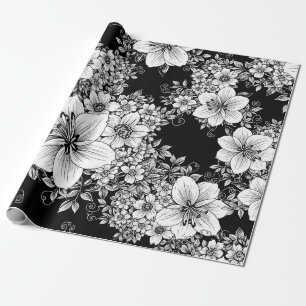Papel De Regalo Patrón floral vintage blanco y negro sin costuras 