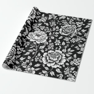Papel De Regalo Patrón floral vintage blanco y negro sin costuras