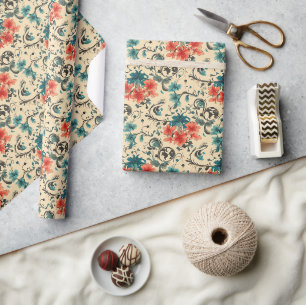 Papel De Regalo Patrón floral vintage con flores rojas y Verde azu