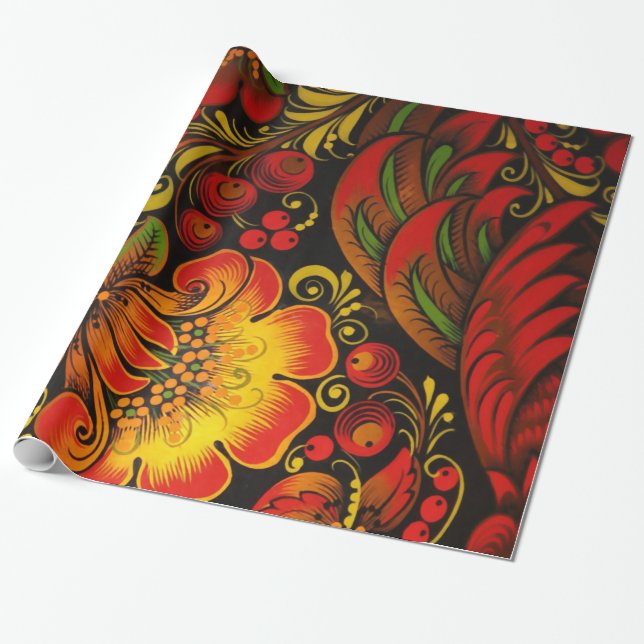 Papel De Regalo Patrón floral Vintage fino khokhloma ruso (Desenrollado)