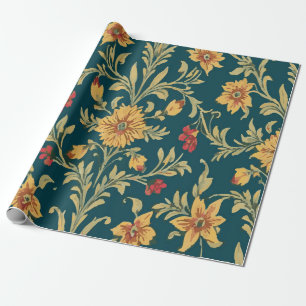 Papel De Regalo Patrón floral vintage rojo y amarillo sobre azul o