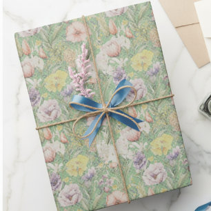 Papel De Regalo Patrón Floral Vintage Verde Con Puntos De Polka