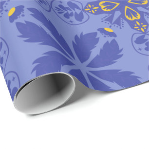 Papel De Regalo patrón floral y geométrico en dorado y azul