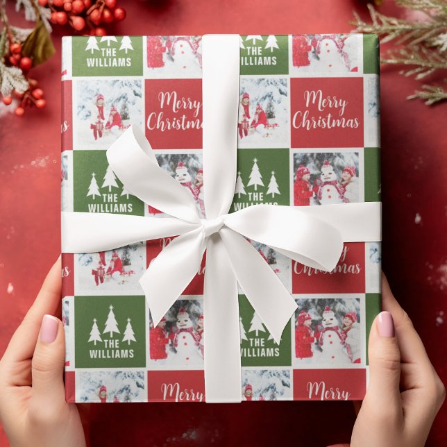 Papel De Regalo Patrón fotográfico personalizado Verde Rojo Feliz  (Custom Photo Pattern Green Red Merry Christmas Wrapping Paper
)