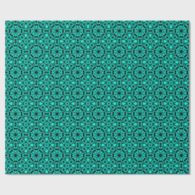 Papel De Regalo Patrón fractal de caleidoscopio turquesa y azul (Superficie plana)