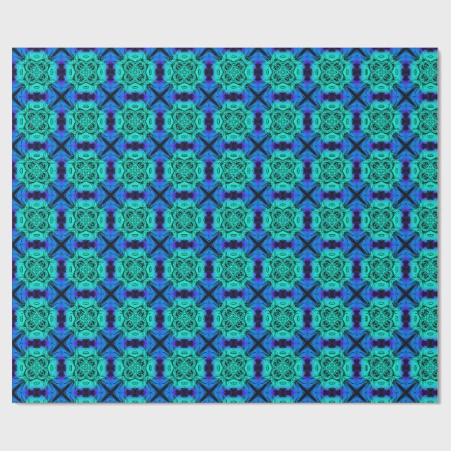 Papel De Regalo Patrón fractal de caleidoscopio turquesa y azul (Superficie plana)