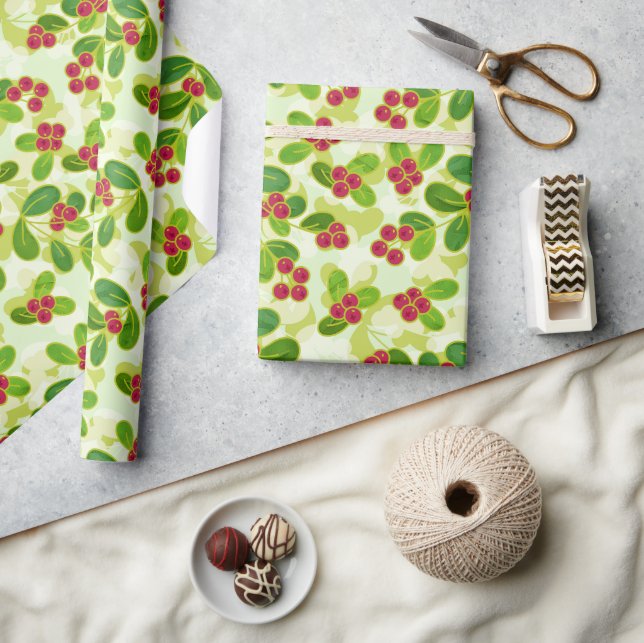 Papel De Regalo Patrón Fruta de Cranberry Festial, Verde (Artesanía)