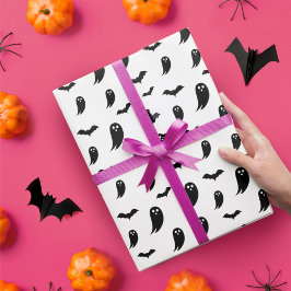 Papel De Regalo Patrón Fun Halloween Fantasma y Bats Blanco y Negr