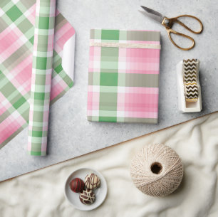 Papel De Regalo Patrón Funky Tartán Rosa Y Verde Plantado