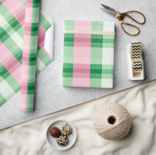 Papel De Regalo Patrón Funky Tartán Rosa Y Verde Plantado