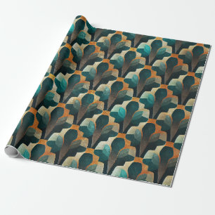 Papel De Regalo Patrón geométrico Art Deco en verde azulado y dora