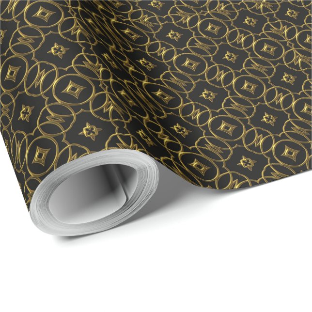 Papel De Regalo Patrón geométrico brillante negro y dorado elegant (Esquina del rollo)