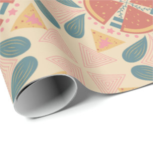 Papel De Regalo Patrón geométrico con estrellas naranjas y rosadas