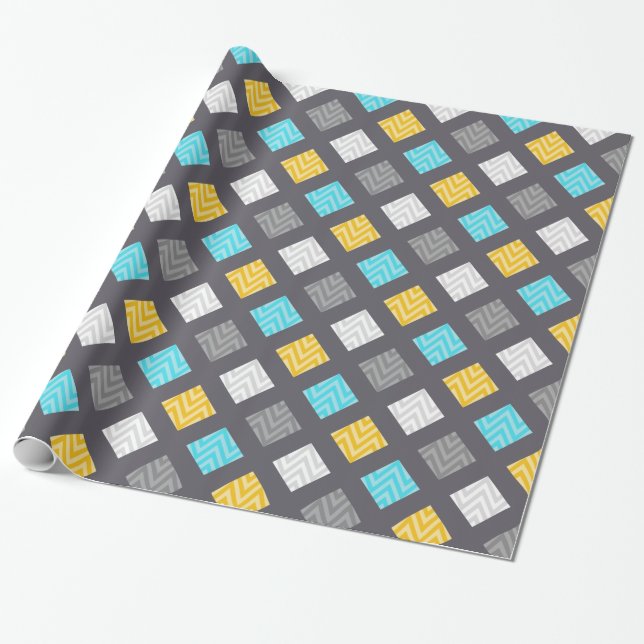 Papel De Regalo Patrón Geométrico Masculino Gris Azul Amarillo (Desenrollado)