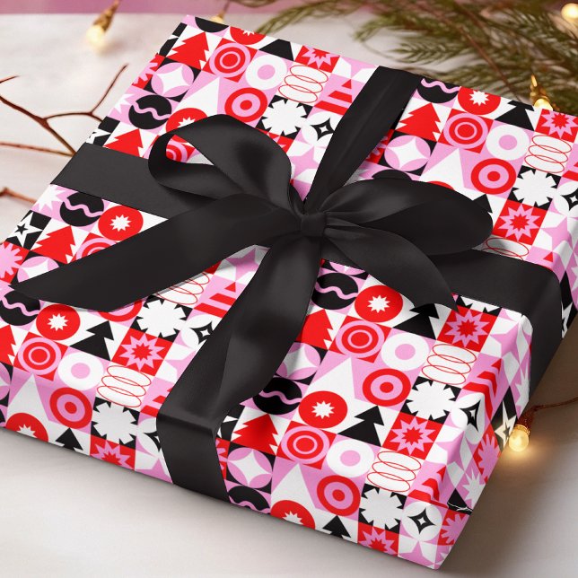 Papel De Regalo Patrón geométrico moderno de Navidad rojo y rosa (Subido por el creador)