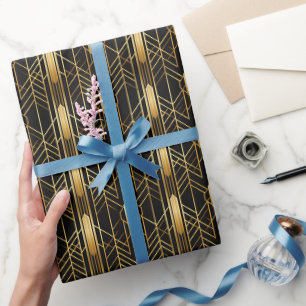 Papel De Regalo Patrón geométrico retro de oro negro Art Deco de l
