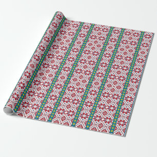 Papel De Regalo Patrón geométrico tribal de estrellas rojas, azu