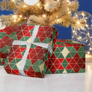 Papel De Regalo Patrón geométrico verde oro rojo navidades
