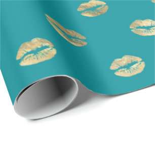 Papel De Regalo Patrón Girly Verde azulado de los labios de besos