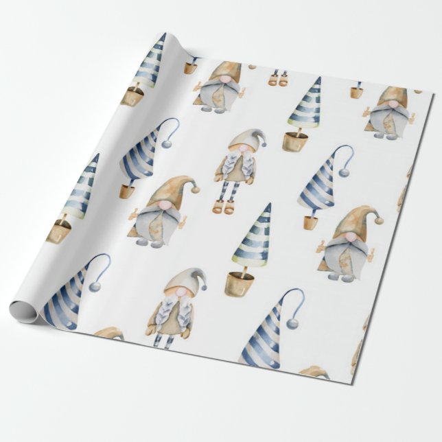 Papel De Regalo Patrón Gnome de Navidades de acuarela (Desenrollado)