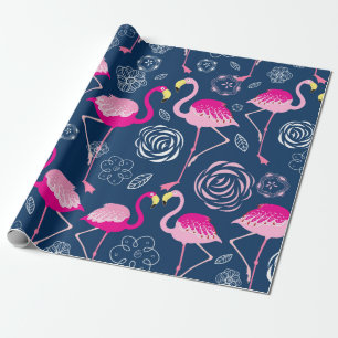 Papel De Regalo Patrón gráfico de flamencos rosados en una b azul