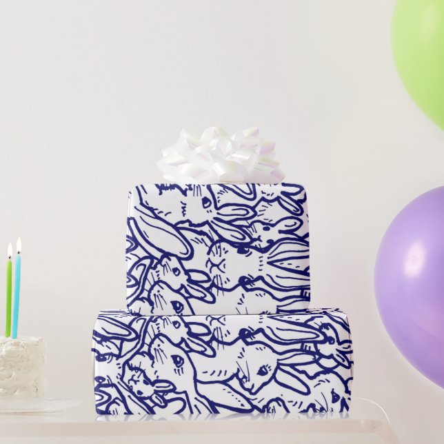 Papel De Regalo Patrón grande de conejo blanco azul marino  (Regalos de fiesta)